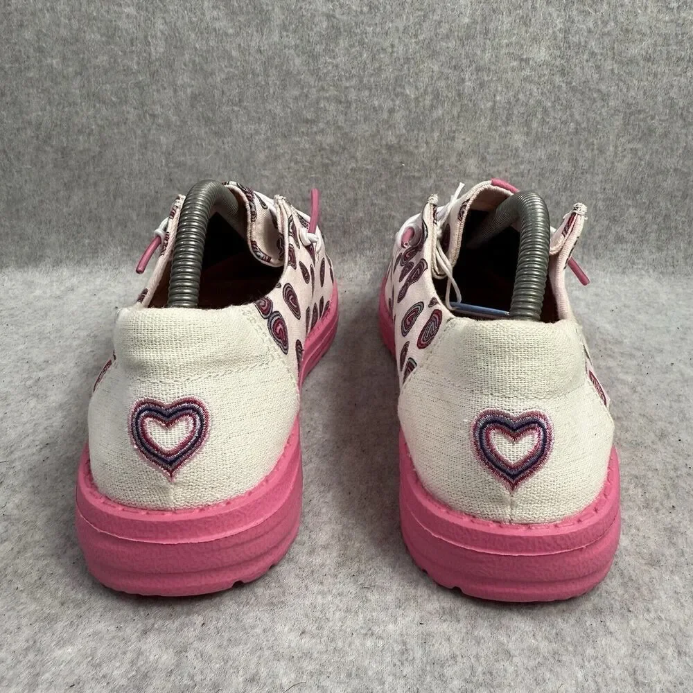 Hey Dude Shoes Youth 4 Wendy White Pink Slip On Heart Print Comfort Shoes New